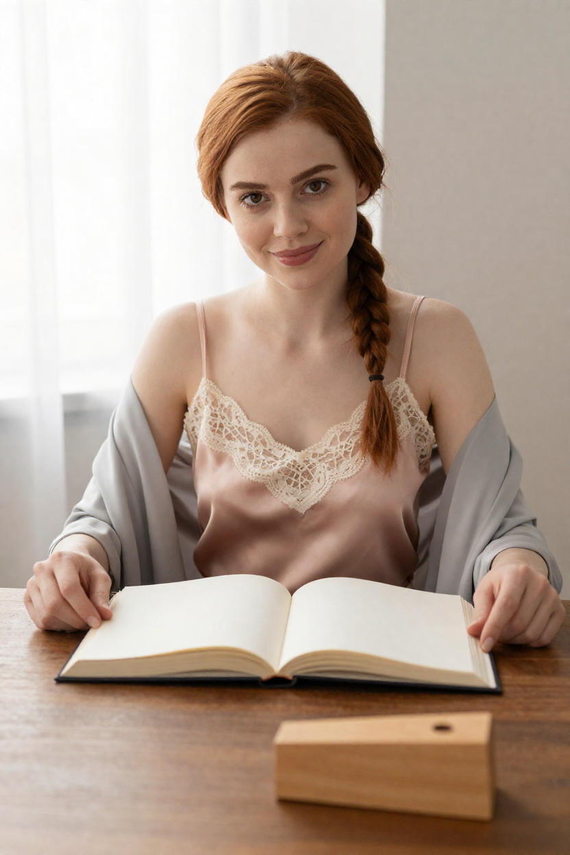 Fictional 29-year-old woman, auburn hair in a side braid, warm brown eyes and a knowing half-smile;