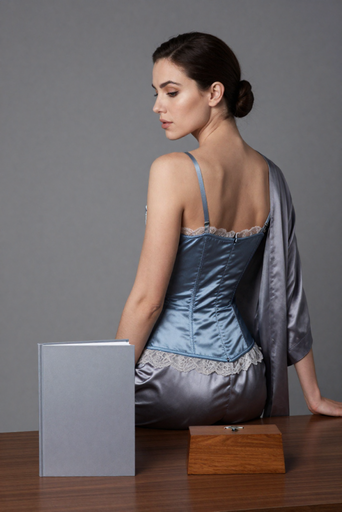 Slate-blue corset muse in profile at the metronome desk with a blank-covered biography